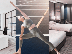 Woman practicing yoga against a backdrop of various office, parking lot, and hotel scenarios