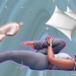 Image of yoga teacher Ramoni Overton practicing yoga for tight hips with images of pillows and a sleep mask in the background.