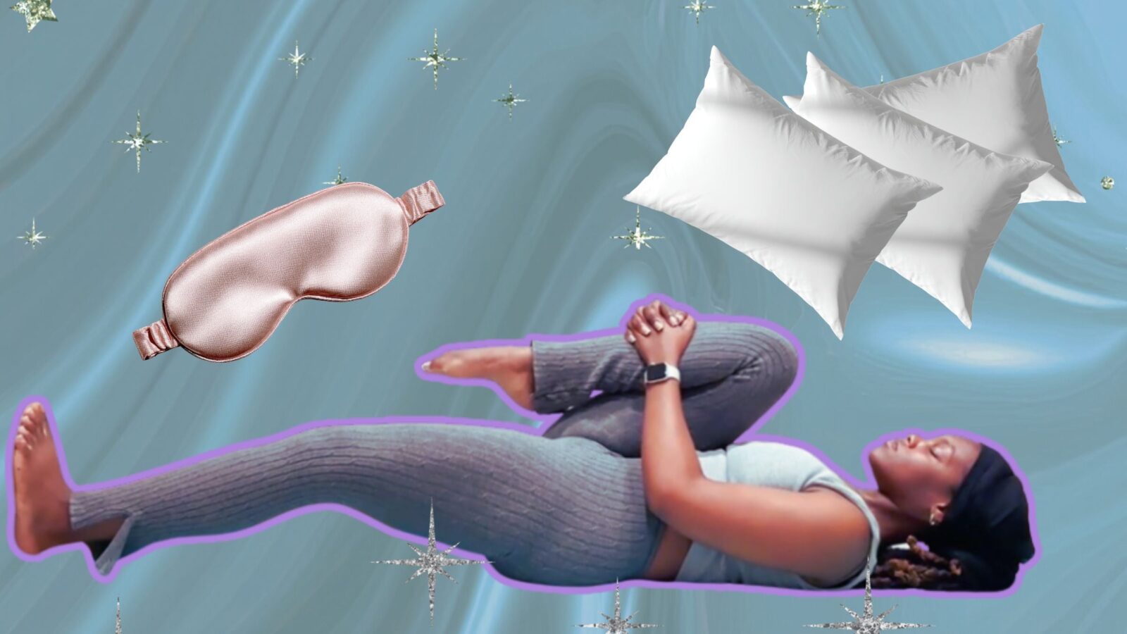 Image of yoga teacher Ramoni Overton practicing yoga for tight hips with images of pillows and a sleep mask in the background.