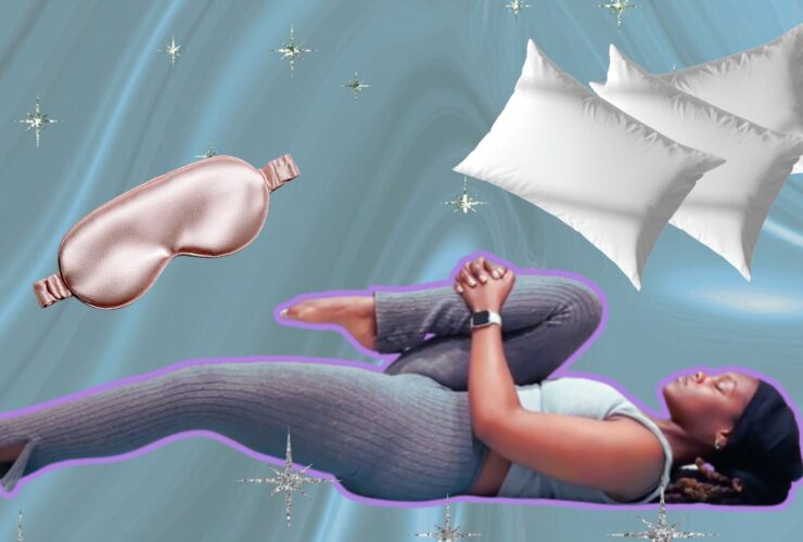 Image of yoga teacher Ramoni Overton practicing yoga for tight hips with images of pillows and a sleep mask in the background.