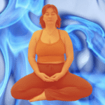 Yoga teacher Taylor Lorenz doing a breathing exercise against a background of blue flames