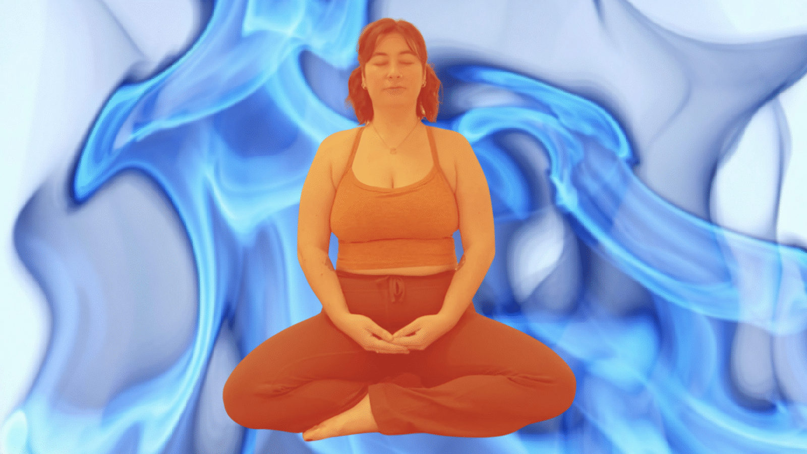 Yoga teacher Taylor Lorenz doing a breathing exercise against a background of blue flames