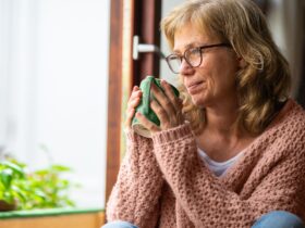 mature woman drinking herbal tea for menopause symptoms