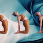 Three images of a woman practicing Camel Pose against a blue swirl background.