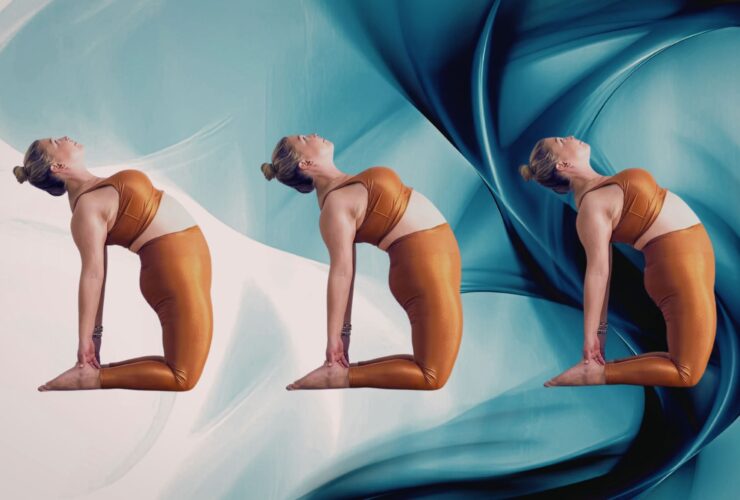 Three images of a woman practicing Camel Pose against a blue swirl background.