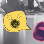 Black and white image of yoga students with an image overlay of a mouth sharing yoga cues that are jumbled in a text bubble