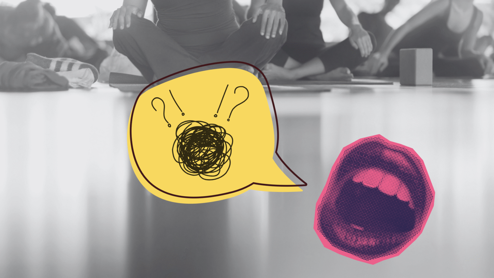 Black and white image of yoga students with an image overlay of a mouth sharing yoga cues that are jumbled in a text bubble