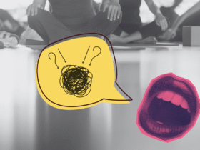 Black and white image of yoga students with an image overlay of a mouth sharing yoga cues that are jumbled in a text bubble