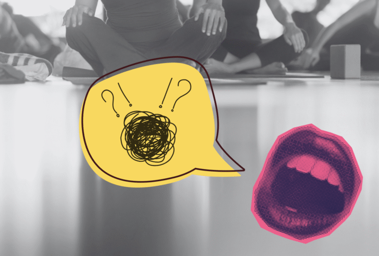Black and white image of yoga students with an image overlay of a mouth sharing yoga cues that are jumbled in a text bubble