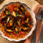 One-pan cherry tomato & mussel orzo with garlic butter