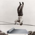 Historic image of a tightrope walker practicing balancing exercises