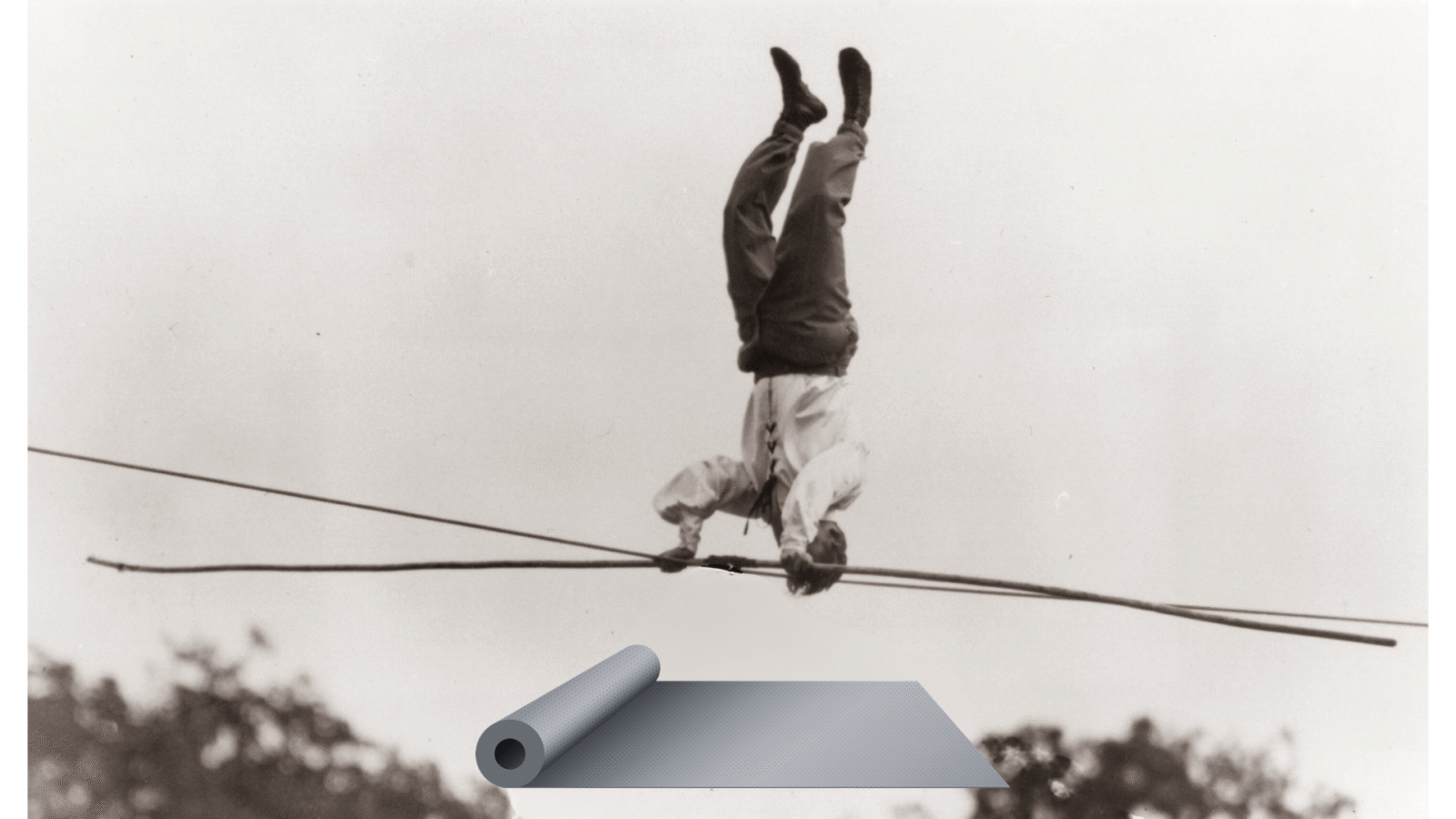 Historic image of a tightrope walker practicing balancing exercises