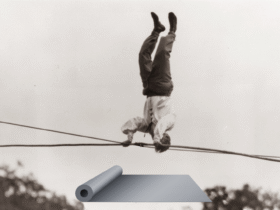 Historic image of a tightrope walker practicing balancing exercises