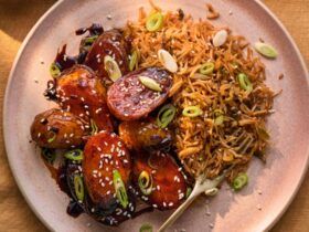 Sticky & spicy potatoes with sesame rice