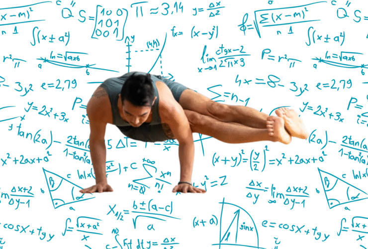 Image of a guy practicing the arm balance Parsva Bakasana with mathematic equations in the background
