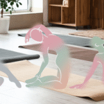 Figures moving against the backdrop of a yoga studio
