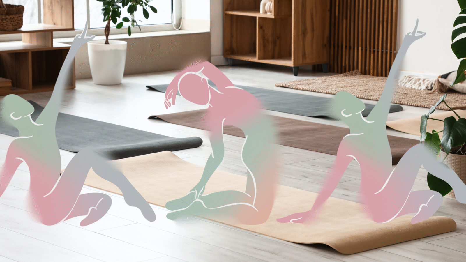 Figures moving against the backdrop of a yoga studio