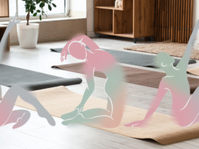 Figures moving against the backdrop of a yoga studio