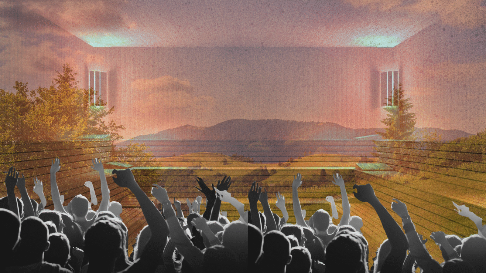 People dancing set against the backdrop of a sauna