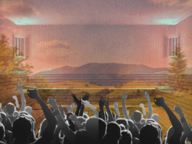 People dancing set against the backdrop of a sauna