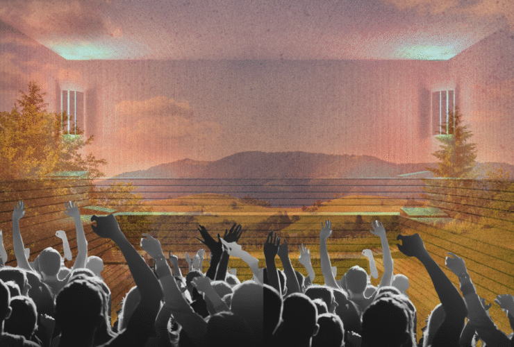 People dancing set against the backdrop of a sauna