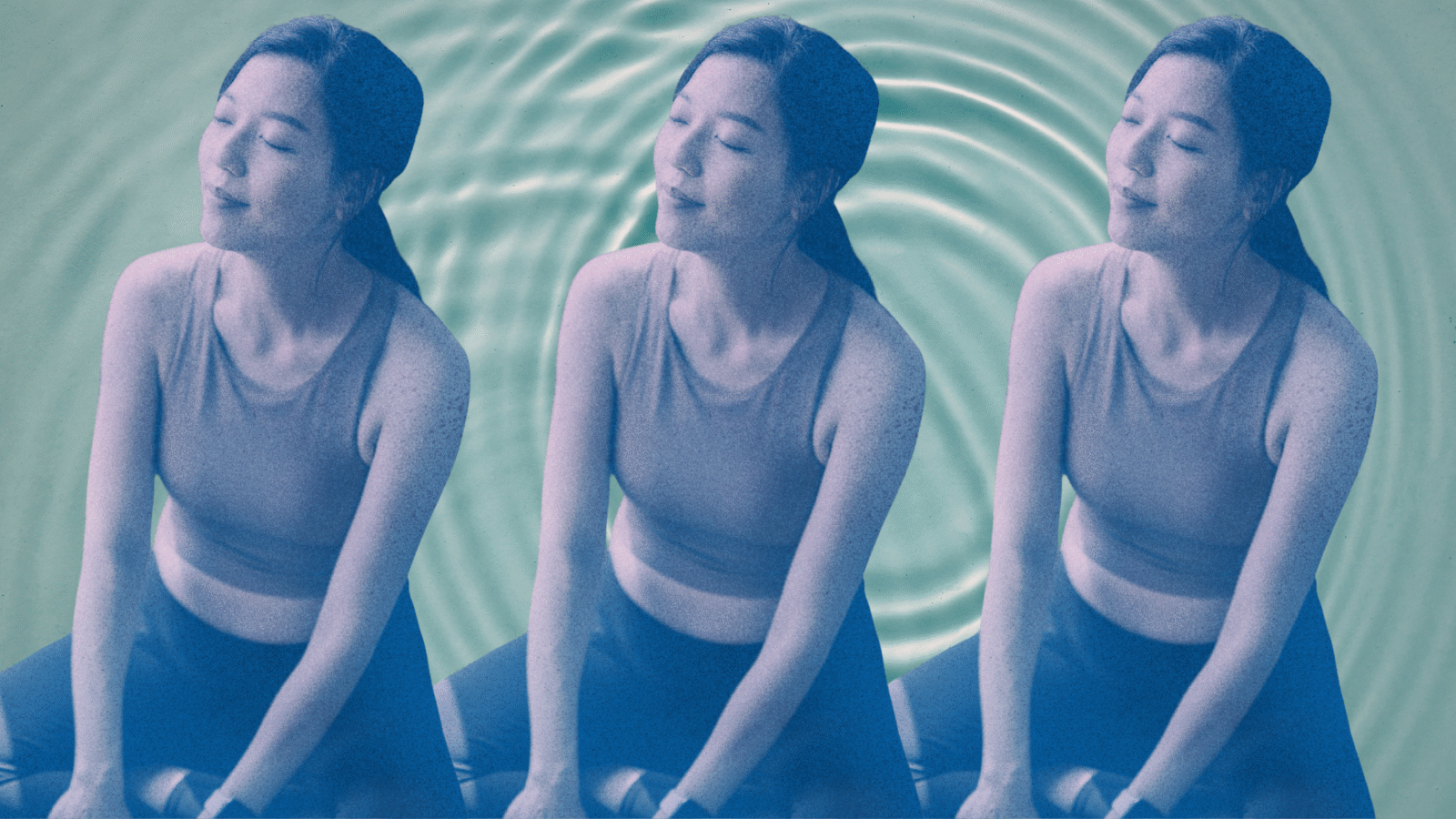 A woman sitting calmly against a water backdrop