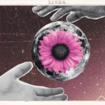 Color illustration and collage of two hands holding the full Moon in Libra with a pink flower