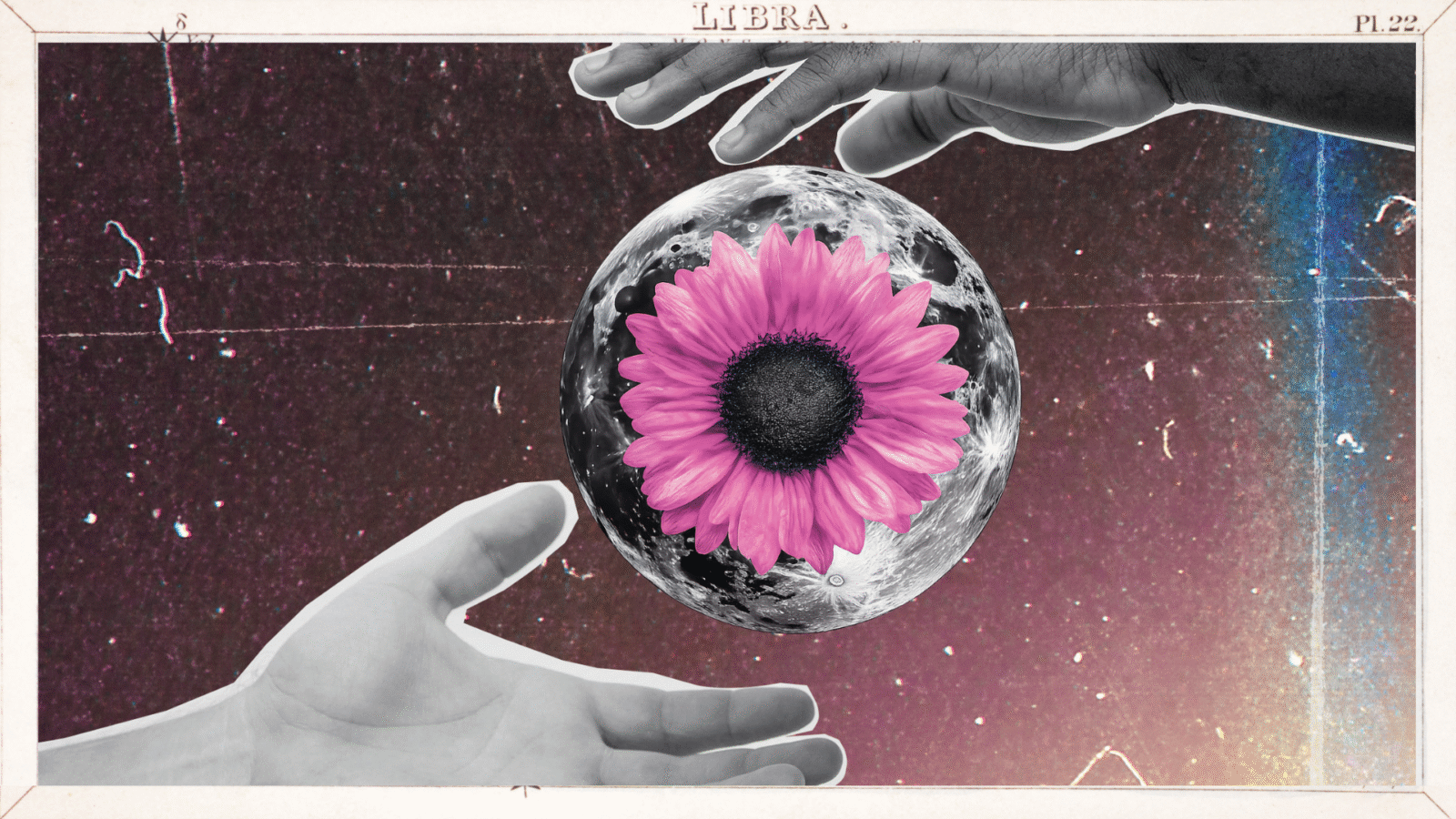 Color illustration and collage of two hands holding the full Moon in Libra with a pink flower
