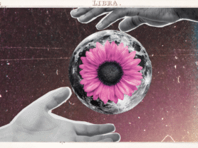 Color illustration and collage of two hands holding the full Moon in Libra with a pink flower