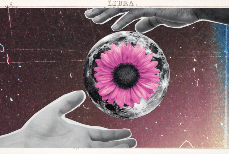 Color illustration and collage of two hands holding the full Moon in Libra with a pink flower