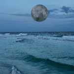 Image of the ocean at night with the new Moon in Pisces in the background