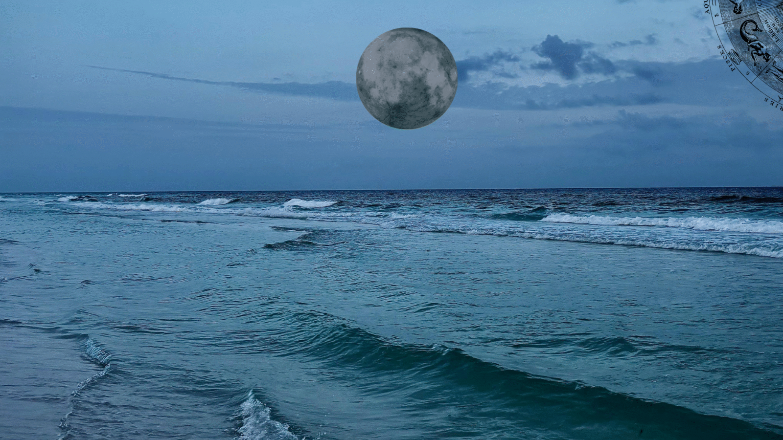 Image of the ocean at night with the new Moon in Pisces in the background