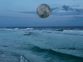 Image of the ocean at night with the new Moon in Pisces in the background