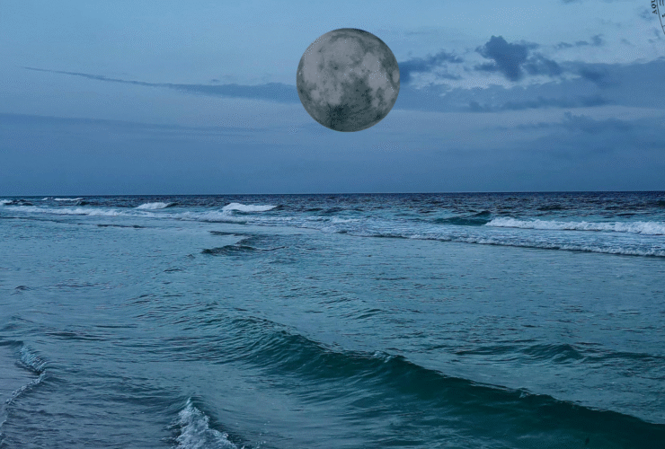 Image of the ocean at night with the new Moon in Pisces in the background