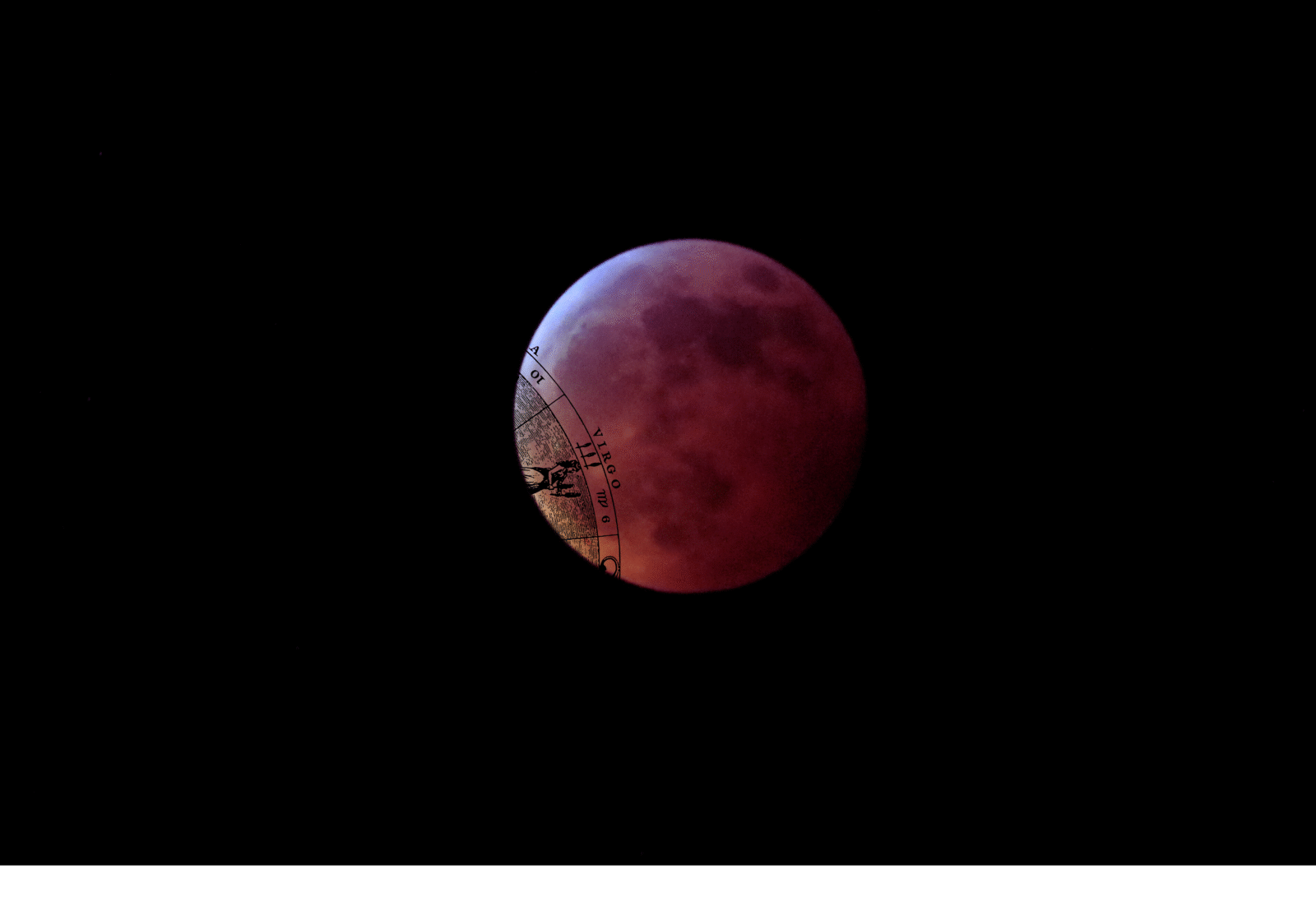 Photo of the blood Moon or the total lunar eclipse and full Moon in Virgo with a zodiac chart for the sign of Virgo overlaying the red Moon