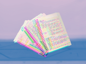 Image of a notebook containing notes for a yoga teacher on a backdrop of a yoga mat