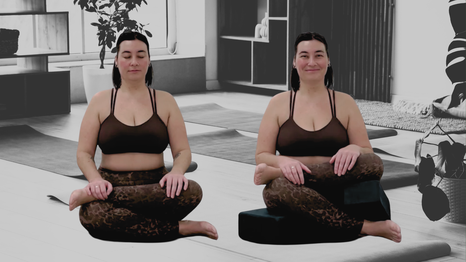 Teacher Taylor Lorenz in supported Firelog Pose against a yoga studio backdrop