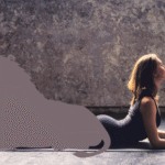Woman lying on a yoga mat with a photo collage of a lion in the same shape representing practicing yoga for courage