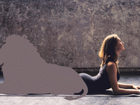 Woman lying on a yoga mat with a photo collage of a lion in the same shape representing practicing yoga for courage