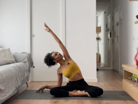 Woman practicing side stretch.
