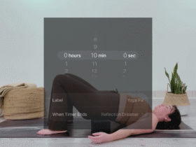 Taylor Lorenz practicing with an overlay of a timer representing 10 minute yoga