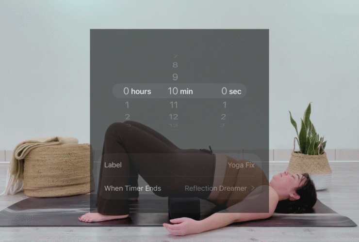 Taylor Lorenz practicing with an overlay of a timer representing 10 minute yoga
