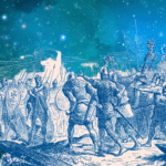 An illustration of warriors and crusaders against the backdrop of the universe