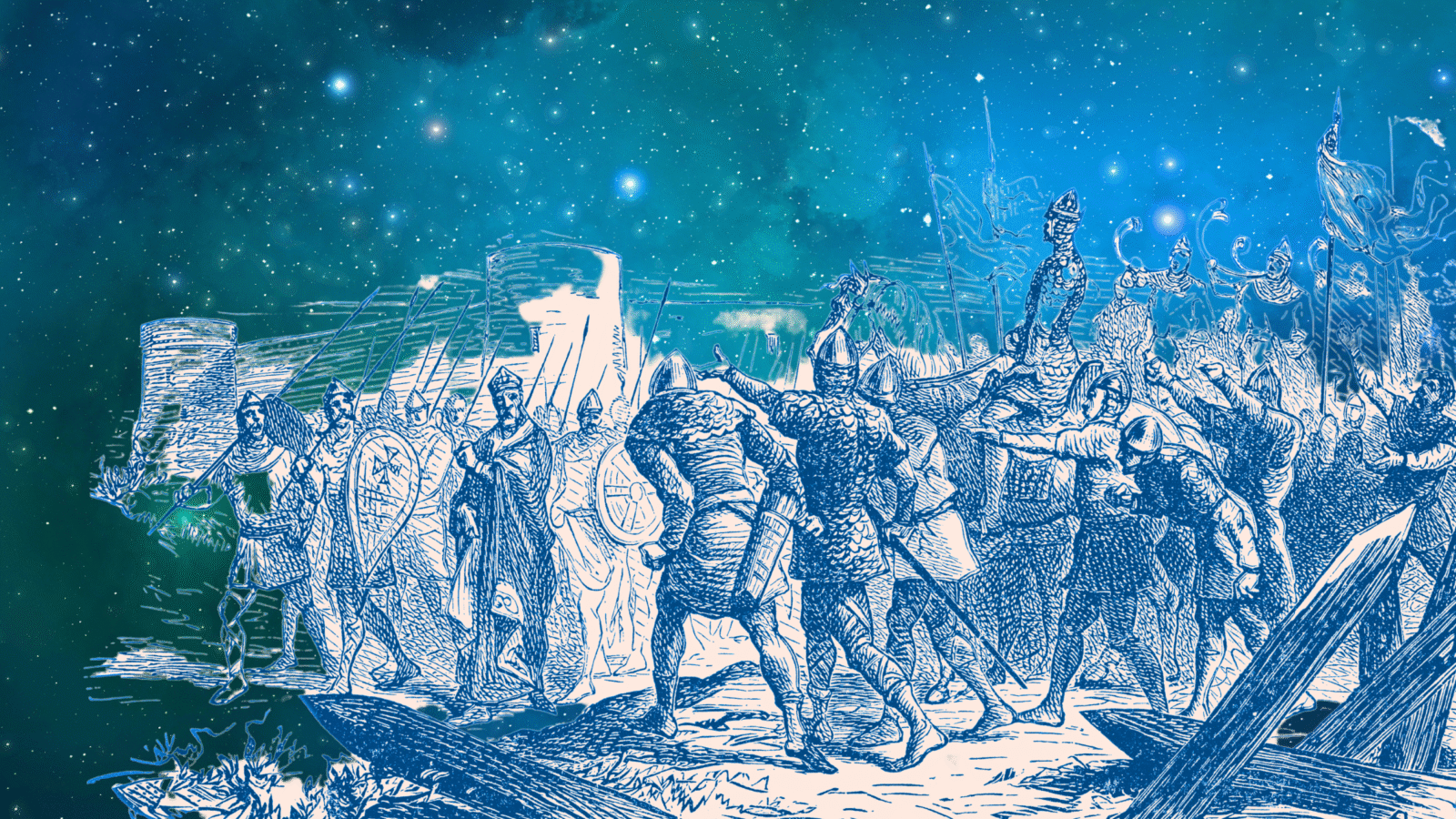 An illustration of warriors and crusaders against the backdrop of the universe