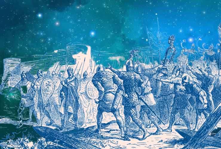 An illustration of warriors and crusaders against the backdrop of the universe