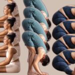 A woman in seated forward bend, a man in standing forward bend, and a woman in wide-angled seated forward bend