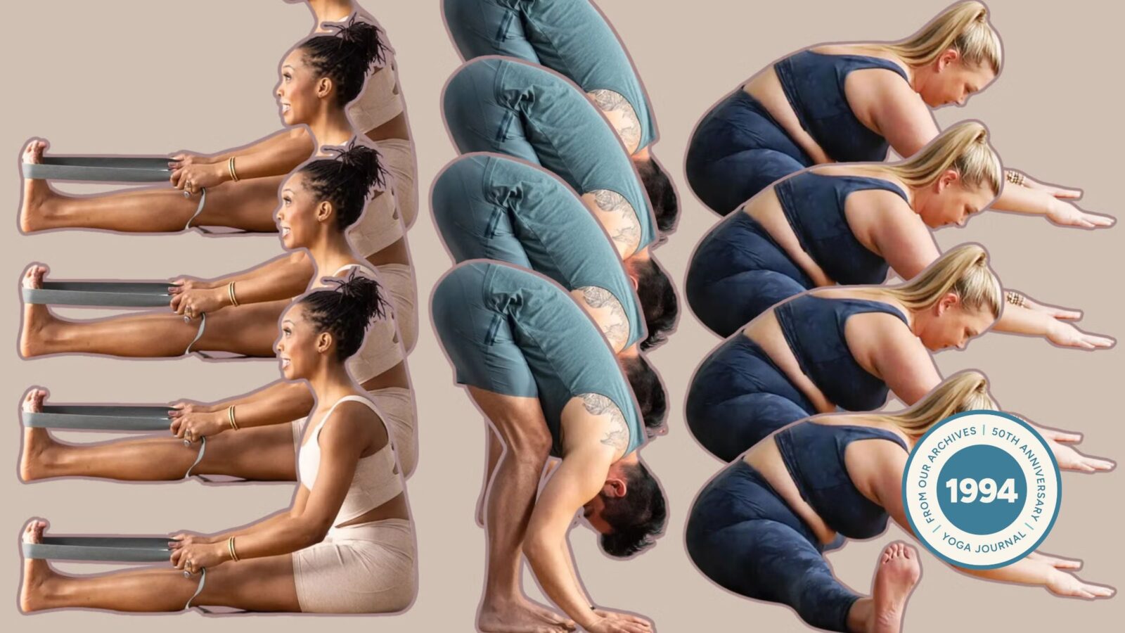 A woman in seated forward bend, a man in standing forward bend, and a woman in wide-angled seated forward bend