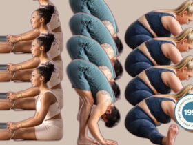 A woman in seated forward bend, a man in standing forward bend, and a woman in wide-angled seated forward bend