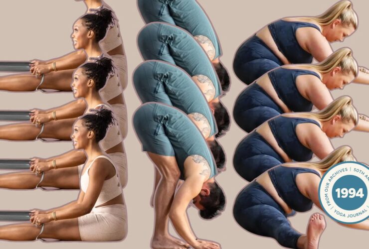 A woman in seated forward bend, a man in standing forward bend, and a woman in wide-angled seated forward bend