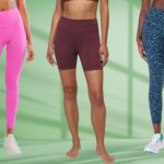 Models wearing multi-colored yoga pants.